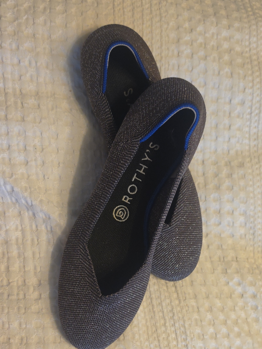 Rothy's Sparkle Knit Gray Ballet Flats with Blue Trim